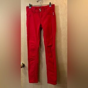 rue 21 red pants, size 3/4, two buttons at waist, high waist, narrow legs